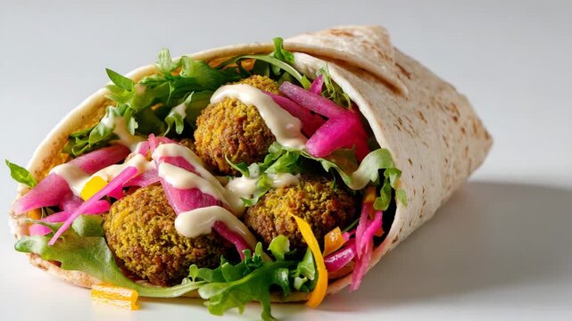 Delicious falafel wrap with fresh vegetables and sauce on white background
