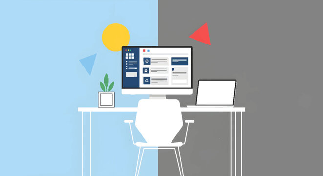 Digital workspace concept with computer and laptop, showcasing day and night mode interface options on a split background, symbolizing modern work environments.