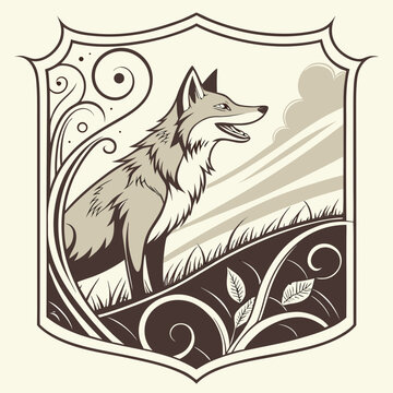 Vintage style wolf standing on hill with decorative shield animals