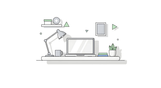 Modern minimalist desk setup with laptop, lamp, and plant, clean workspace illustration in pastel colors.