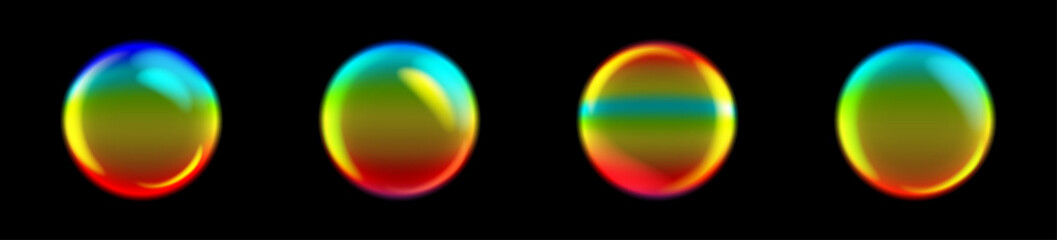 Naklejka premium Set of 4 vector soap bubbles with rainbow reflections on black background. Realistic iridescent spheres created with mesh gradient. Translucent floating balls with highlights for creative design.