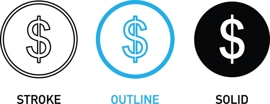 Three different styles of dollar sign icons in circular shapes
