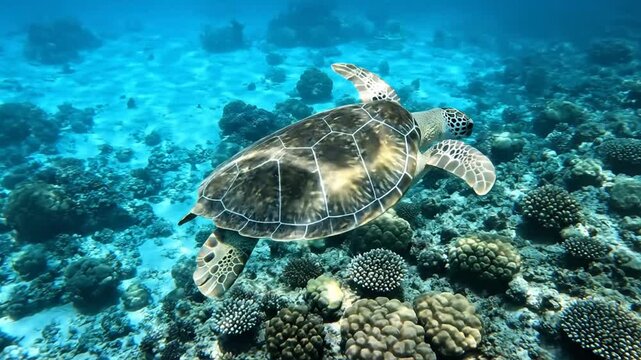 Green sea turtle swimming over tropical coral reef underwater