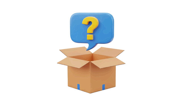 Vector illustration of 3d illustration of a yellow question mark inside a blue speech bubble above an open cardboard box on a transparent background