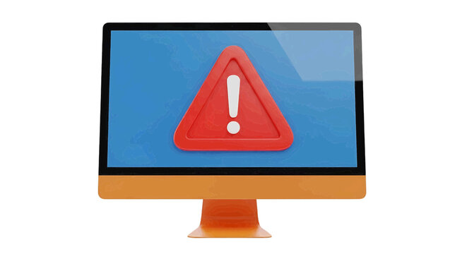 Vector illustration of 3d render of a computer monitor displaying a red warning sign on a transparent background