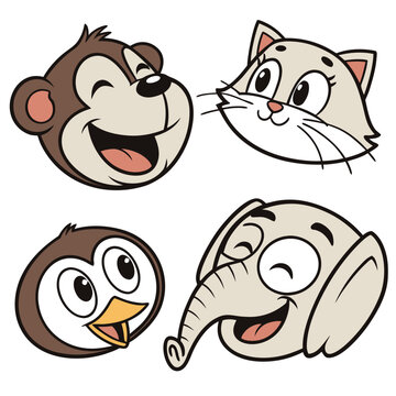 Cartoon animal faces monkey cat elephant bird smiling