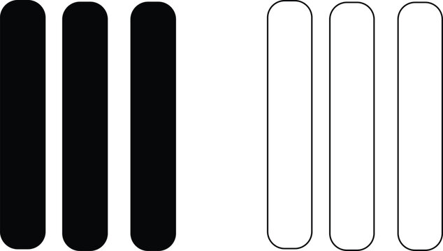Set of vertical rounded rectangle bar shapes with black solid fill and thin outline icons isolated on white background