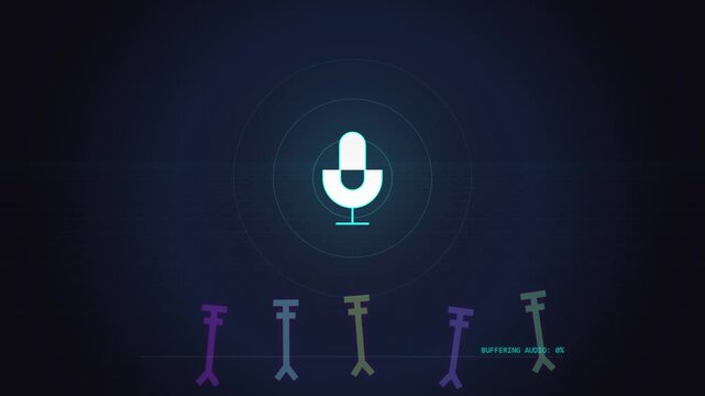 Microphone icon on digital interface shows audio buffering and sound waves with colorful equalizer visualization.