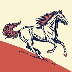 White horse with red mane and tail running on a red hill © wis