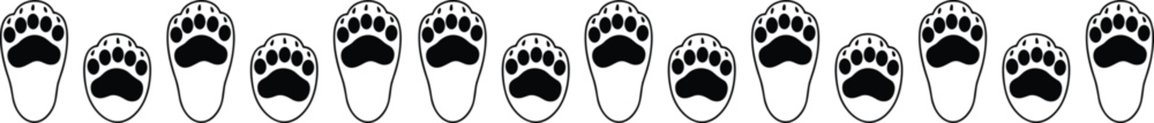 Paw print silhouette illustration set, twelve unique black designs arranged in a decorative row pattern with four toes and pad shapes - flat vector illustration © TOMSINA