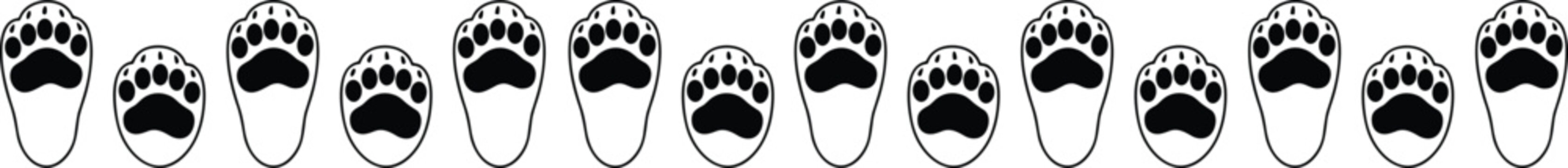 Paw print silhouette illustration set, twelve unique black designs arranged in a decorative row pattern with four toes and pad shapes - flat vector illustration