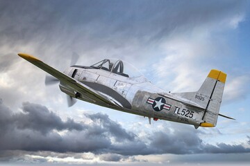 Fototapeta premium North American T-28 en montée ciel nuageux