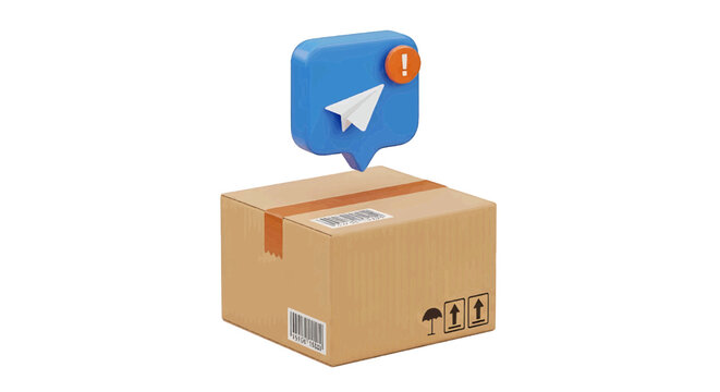 Vector illustration of 3d illustration of a cardboard delivery box with a telegram notification icon on a transparent background