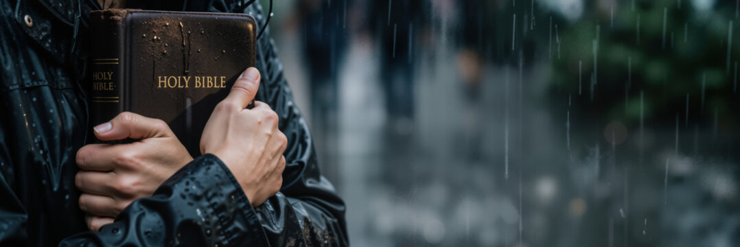 Person holding Holy Bible against chest in the rain. Unrecognizable individual in wet black raincoat clutching religious book during a storm. Wide banner with copy space for text