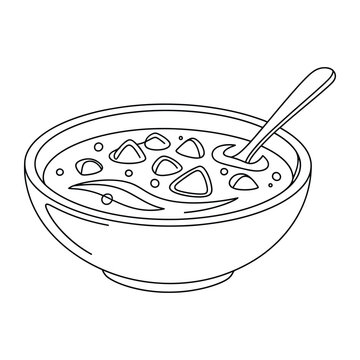 Bowl of soup with spoon line art illustration for restaurant menu design and culinary food industry marketing assets project