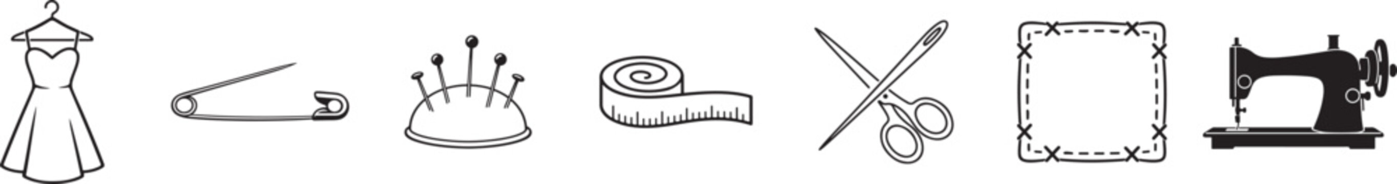 Sewing icon set with editable line symbols for tailoring, stitching and fashion design