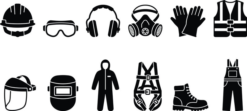 Personal protective equipment silhouette set with hard hat, goggles, respirator, gloves, vest, face shield, welding helmet, coverall, harness, boots, and overalls