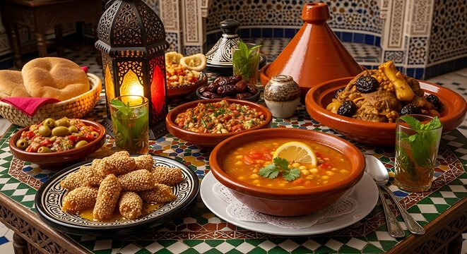 Traditional moroccan feast with lantern and tagines