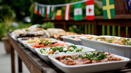 Obraz premium Outdoor Buffet Table with Assorted Dishes and International Flags