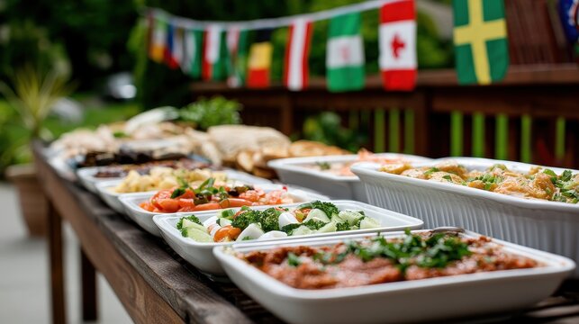 Outdoor Buffet Table with Assorted Dishes and International Flags