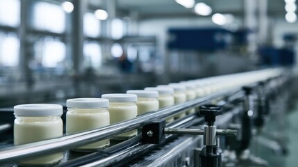 Fototapeta premium Automated Production Line of Jars with Food Product in a Modern Factory