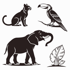 Black silhouettes of elephant toucan cat and leaf on white background © wis