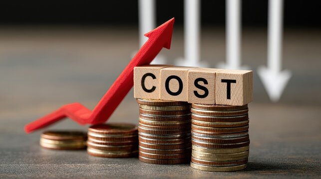 Rising cost and inflation concept with wooden blocks spelling COST on coin stacks and a red upward arrow