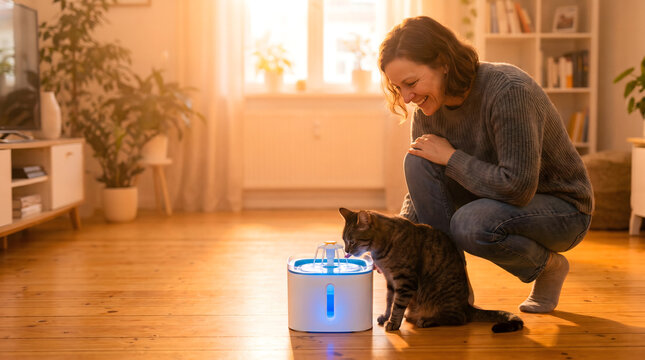 Woman smiling as cat drinks from illuminated pet water fountain indoors