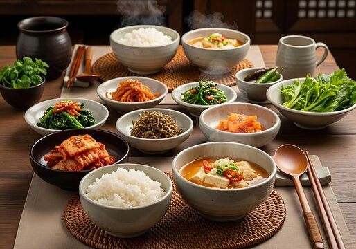 Traditional korean banchan and stew dishes on table