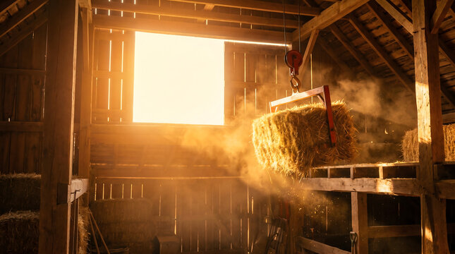 Hay bale lifted by pulley hook inside rustic barn with golden dusty light