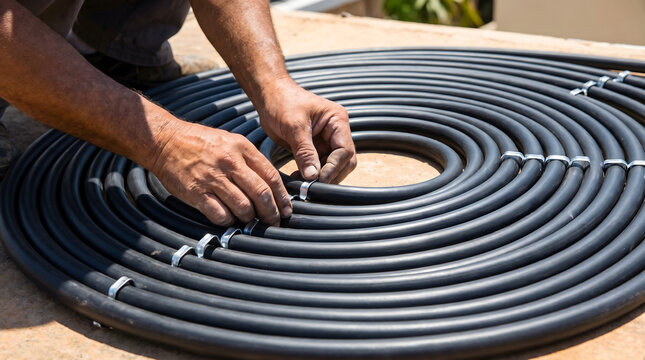 Technician assembling coiled black solar heating tubes outdoors in sunlight