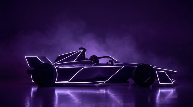 Formula racing car silhouette with neon light outline in dramatic purple studio