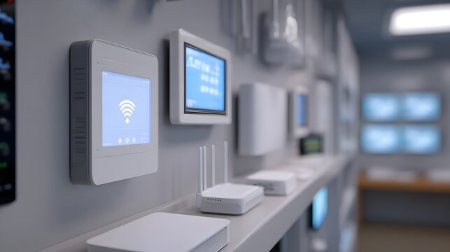 A sophisticated array of mounted networking modules and IoT sensor devices in a modern technical control environment