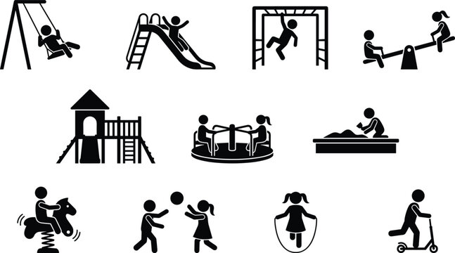 Playground Activity Silhouette Icon Set Featuring Swings, Slides, Monkey Bars, Seesaws, and Outdoor Play Equipment