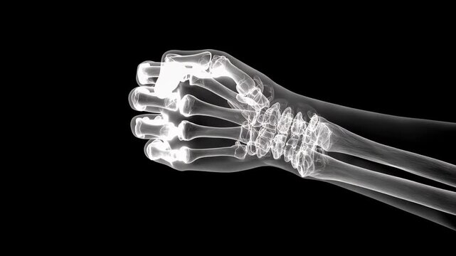 X-ray shows details of a human hand with visible bones and joints in a black background taken in a medical setting