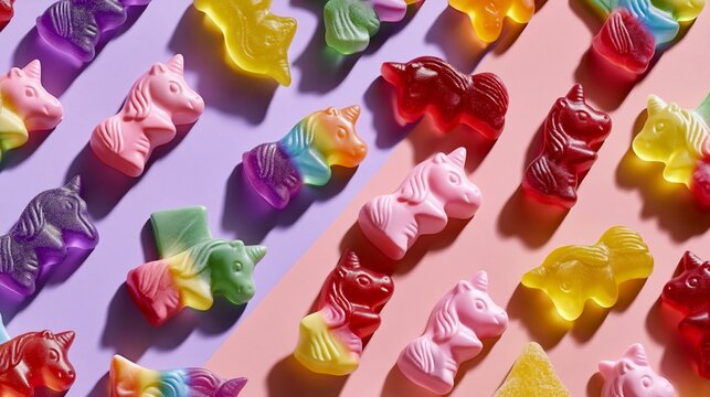 colorful gummy unicorn candy background with playful sweet pastel texture