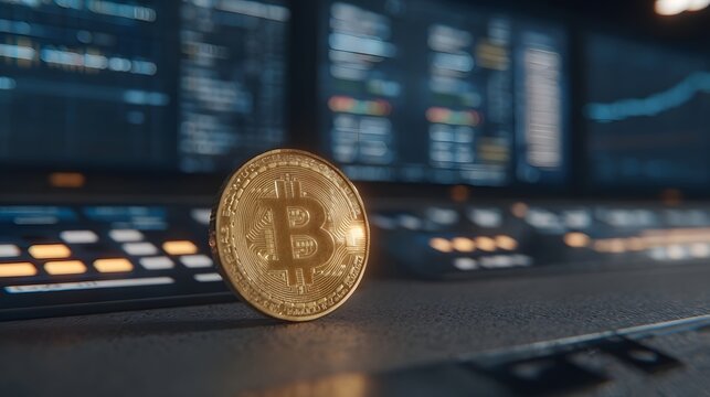 A shiny gold cryptocurrency coin rests on a dark console with glowing digital financial charts and data streams in the background