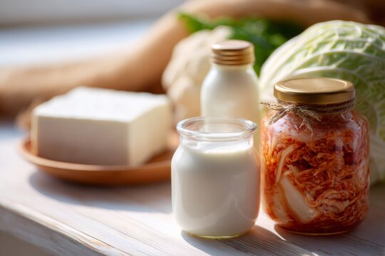 Still life of probiotic foods like kimchi and yogurt in glass jars. Healthy eating concept with fermented vegetables and dairy for gut health