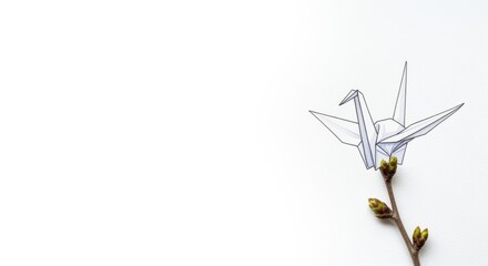 Fototapeta premium Origami crane with delicate pencil sketch outline next to blooming branch on white background perfect for peace concepts and spring themes