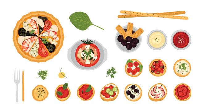 Assorted Italian appetizers and snacks featuring mini pizzas bruschetta olives breadsticks and dipping sauces for party food.