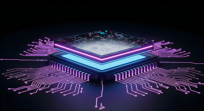 Advanced microprocessor with glowing circuit board and neon lights artificial intelligence integrated circuit microprocessor technology