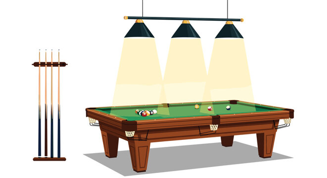 Professional billiard table set with balls cues on a rack and three overhead hanging lamps illuminating the green felt.
