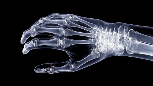 X-ray of a human hand showing bones and joints in detail with background contrast that highlights the skeletal structure