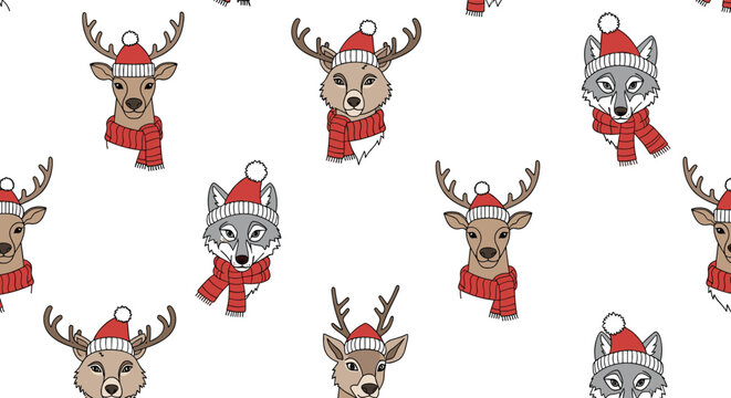 Playful seamless pattern of reindeer and wolves wearing festive red Christmas hats and warm knitted scarves for holidays.