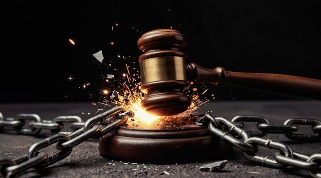Wooden gavel strikes metal chain breaking apart with sparks flying. Symbol of justice and freedom from oppression or legal restriction. Represents breaking chains of bondage and asserting rights.