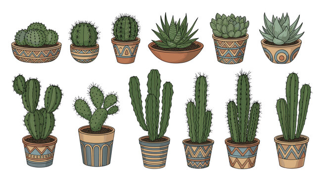 Variety of cacti and succulent plants arranged in decorative patterned pots shown in a detailed hand-drawn illustration style.