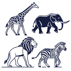 Black and white of giraffe, elephant, lion, and zebra animal wildlife © wis