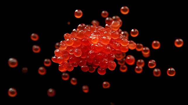 A vibrant heap of red salmon caviar with several roe bursting in the air
