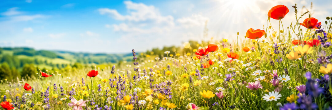 Wide angle view of summer flora on green hills with sunlight creating lens flare effect.