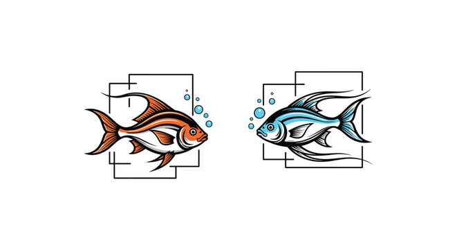 Set of two decorative fish illustrations in orange and blue colors enclosed within rectangular frames with water bubbles.
